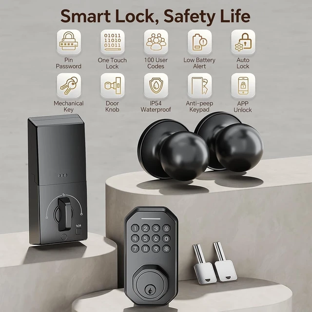 Alt view image 3 of 7 - SL02 Smart Keyless Entry Door Lock with Knob Set, Matte Black | Keypad Deadbolt for Front Door, App Control, Auto Lock, One-Touch Lock, Anti-Peep Code, 5 Keys, IP54 Waterproof