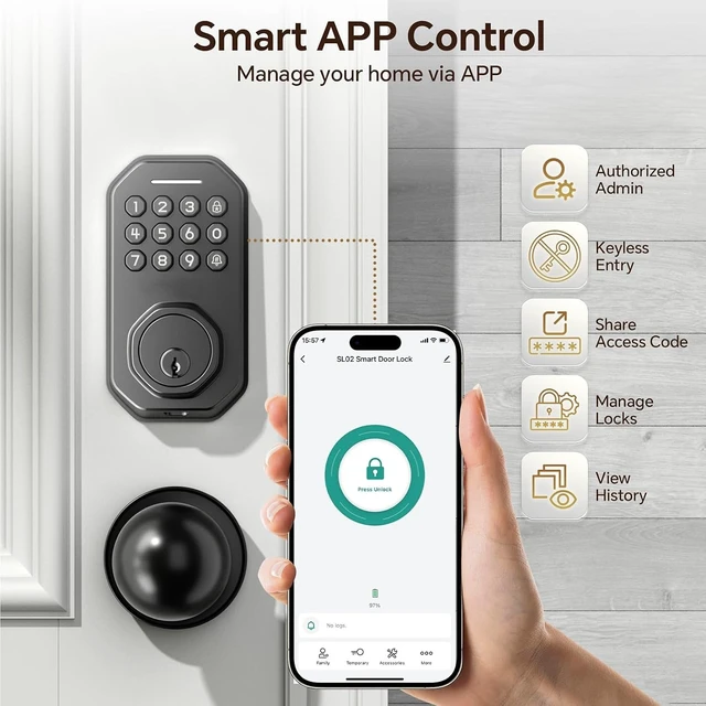 Alt view image 2 of 7 - SL02 Smart Keyless Entry Door Lock with Knob Set, Matte Black | Keypad Deadbolt for Front Door, App Control, Auto Lock, One-Touch Lock, Anti-Peep Code, 5 Keys, IP54 Waterproof
