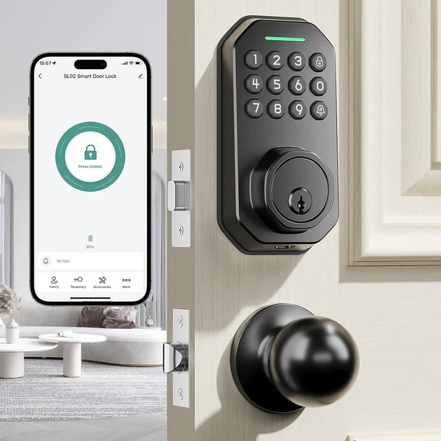 Main image of SL02 Smart Keyless Entry Door Lock with Knob Set, Matte Black | Keypad Deadbolt for Front Door, App Control, Auto Lock, One-Touch Lock, Anti-Peep Code, 5 Keys, IP54 Waterproof