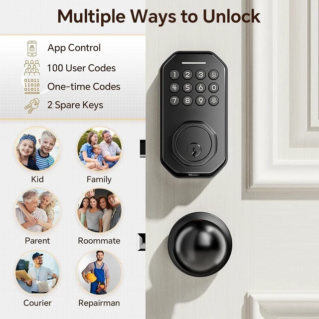 Alt view image 5 of 7 - SL02 Smart Keyless Entry Door Lock with Knob Set, Matte Black | Keypad Deadbolt for Front Door, App Control, Auto Lock, One-Touch Lock, Anti-Peep Code, 5 Keys, IP54 Waterproof