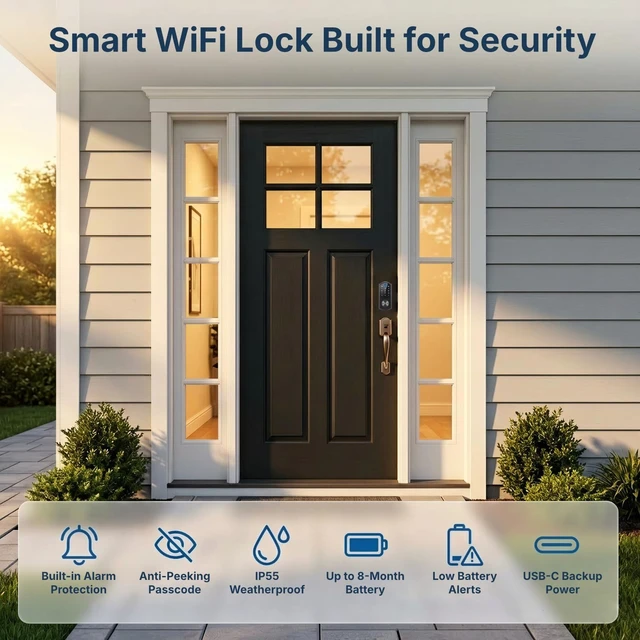 Alt view image 6 of 6 - Keyless Entry Door Lock with Built-in WiFi, Fingerprint Smart Lock for Front Door, Touchscreen Keypad Deadbolt, App Remote Control, Auto Lock, Easy Installation