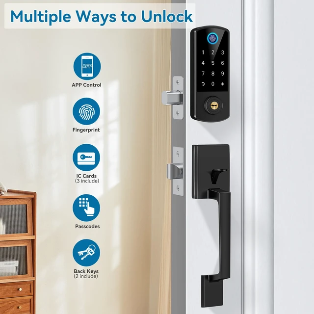 Alt view image 2 of 7 - Fingerprint APP Smart Door Lock Keyless Entry Deadbolt Handle Set | Digital Keypad Bluetooth Deadbolt Lockset with Auto Lock Code Fob Black