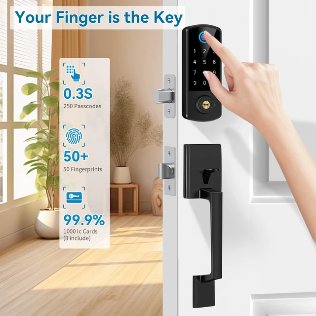 Alt view image 3 of 7 - Fingerprint APP Smart Door Lock Keyless Entry Deadbolt Handle Set | Digital Keypad Bluetooth Deadbolt Lockset with Auto Lock Code Fob Black