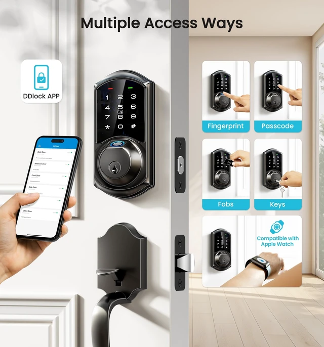 Alt view image 2 of 7 - VE07 Fingerprint Smart Deadbolt Lock, App Control, Fobs, Matte Black | Touchscreen, Remote Access Sharing, 7-in-1 Access, Auto Lock, BHMA/ANSI Grade 3, Low Battery Alarm, for Front Door