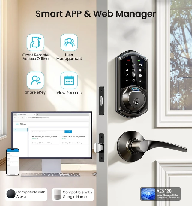 Alt view image 3 of 7 - VE07 Fingerprint Smart Deadbolt Lock, App Control, Fobs, Matte Black | Touchscreen, Remote Access Sharing, 7-in-1 Access, Auto Lock, BHMA/ANSI Grade 3, Low Battery Alarm, for Front Door