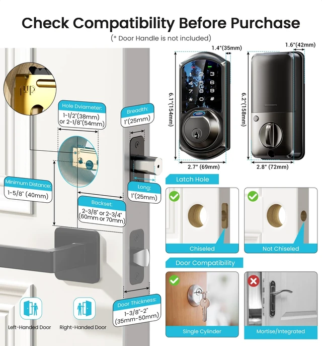Alt view image 7 of 7 - VE07 Fingerprint Smart Deadbolt Lock, App Control, Fobs, Matte Black | Touchscreen, Remote Access Sharing, 7-in-1 Access, Auto Lock, BHMA/ANSI Grade 3, Low Battery Alarm, for Front Door