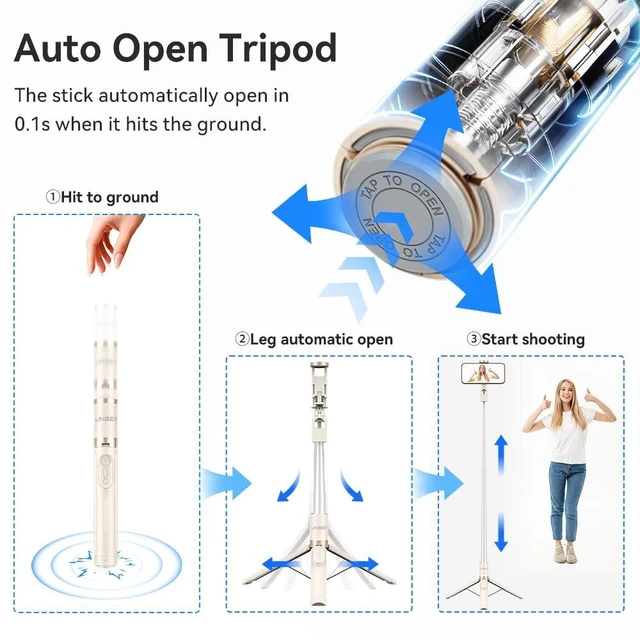 Alt view image 2 of 7 - 62.9" Selfie Stick Tripod - Auto Open for Phone Tripod with Remote. | Selfie Stick Tripod Stand | One-Button Instant Open, One-Pull Fold, Portable with Magnetic Remote, iPhone Android Compatible