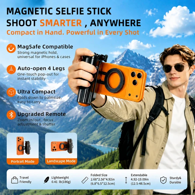 Alt view image 2 of 7 - Max 19" Auto-Open Magnetic Selfie Stick Tripod for iPhone/Android | Mini Pocket Size MagSafe Phone Tripod with Remote, 360° Rotatable Portable Selfie Stick for Video Recording &Travel