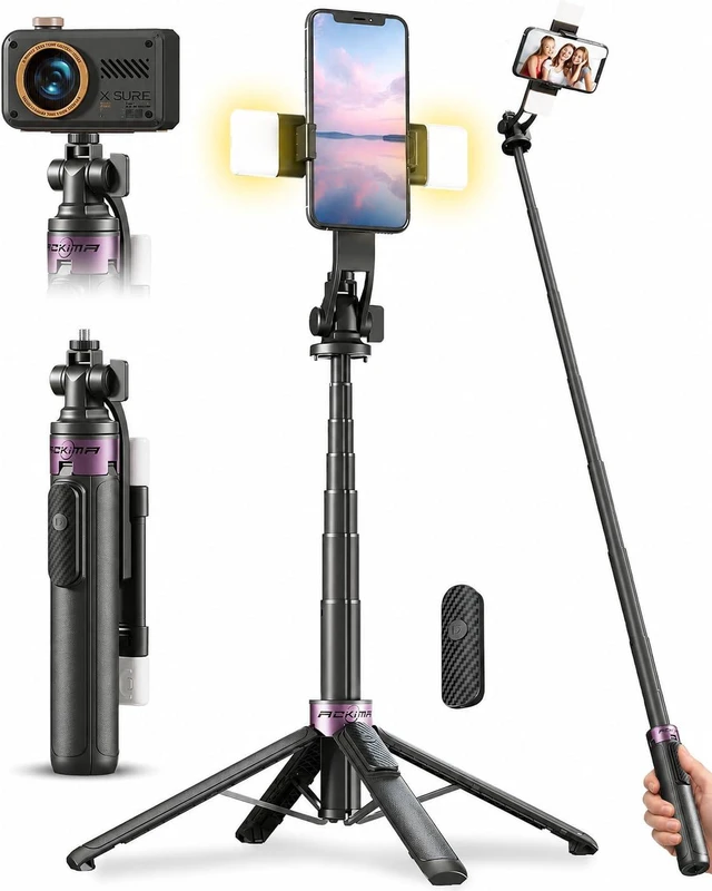 Main image of 53" Selfie Stick Tripod with Dual Fill Lights and 4-Leg Base | Enhanced 4-leg Steady Base, Rechargeable Wireless Remote Control, 2 Fill Lights, Travel Essentials for iPhone Android