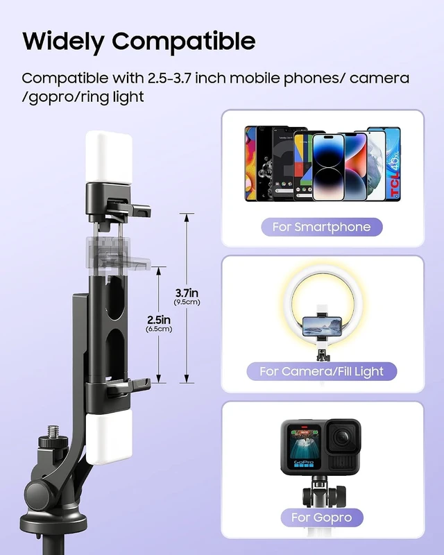 Alt view image 2 of 7 - 53" Selfie Stick Tripod with Dual Fill Lights and 4-Leg Base | Enhanced 4-leg Steady Base, Rechargeable Wireless Remote Control, 2 Fill Lights, Travel Essentials for iPhone Android