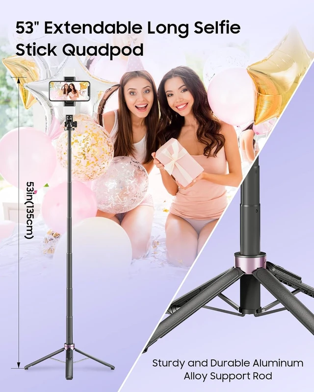 Alt view image 3 of 7 - 53" Selfie Stick Tripod with Dual Fill Lights and 4-Leg Base | Enhanced 4-leg Steady Base, Rechargeable Wireless Remote Control, 2 Fill Lights, Travel Essentials for iPhone Android