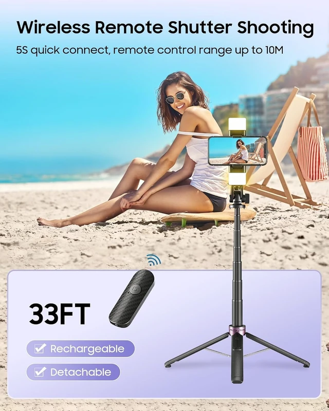 Alt view image 5 of 7 - 53" Selfie Stick Tripod with Dual Fill Lights and 4-Leg Base | Enhanced 4-leg Steady Base, Rechargeable Wireless Remote Control, 2 Fill Lights, Travel Essentials for iPhone Android