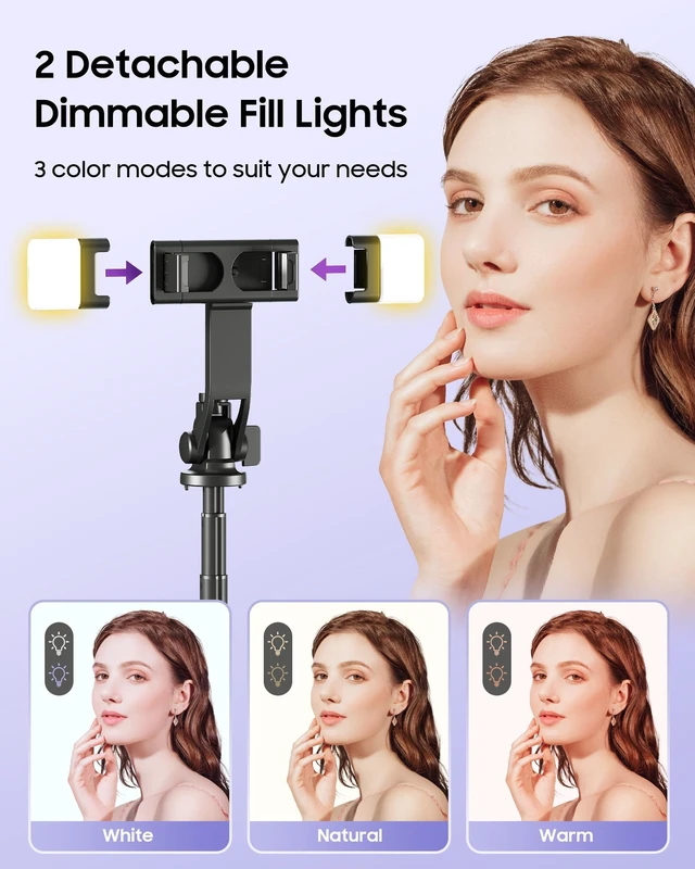 Alt view image 6 of 7 - 53" Selfie Stick Tripod with Dual Fill Lights and 4-Leg Base | Enhanced 4-leg Steady Base, Rechargeable Wireless Remote Control, 2 Fill Lights, Travel Essentials for iPhone Android