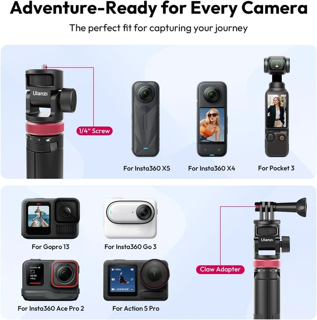Alt view image 3 of 7 - MT-71 Tripod Selfie Stick & Vlog Handle with Magnetic Quick Release&1/4'' Screw, 59in Extendable Lightweight Tripod Stand (7-Section) for DJI Pocket 3/Insta360 X5 X4 X3 Series