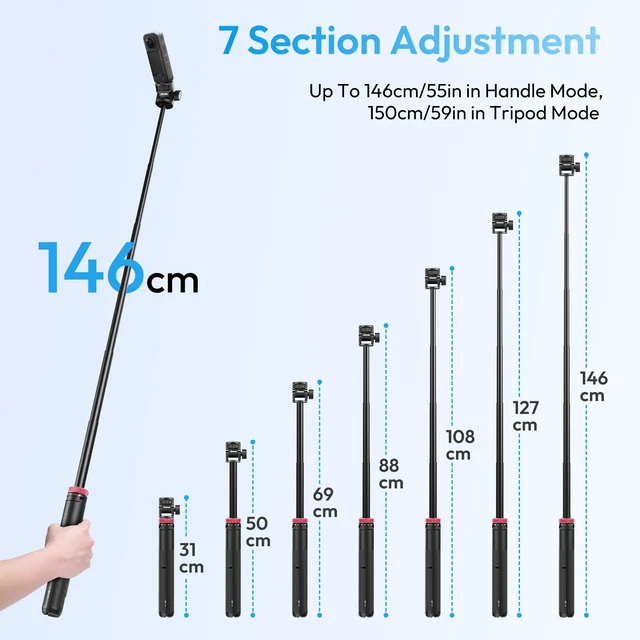 Alt view image 6 of 7 - MT-71 Tripod Selfie Stick & Vlog Handle with Magnetic Quick Release&1/4'' Screw, 59in Extendable Lightweight Tripod Stand (7-Section) for DJI Pocket 3/Insta360 X5 X4 X3 Series