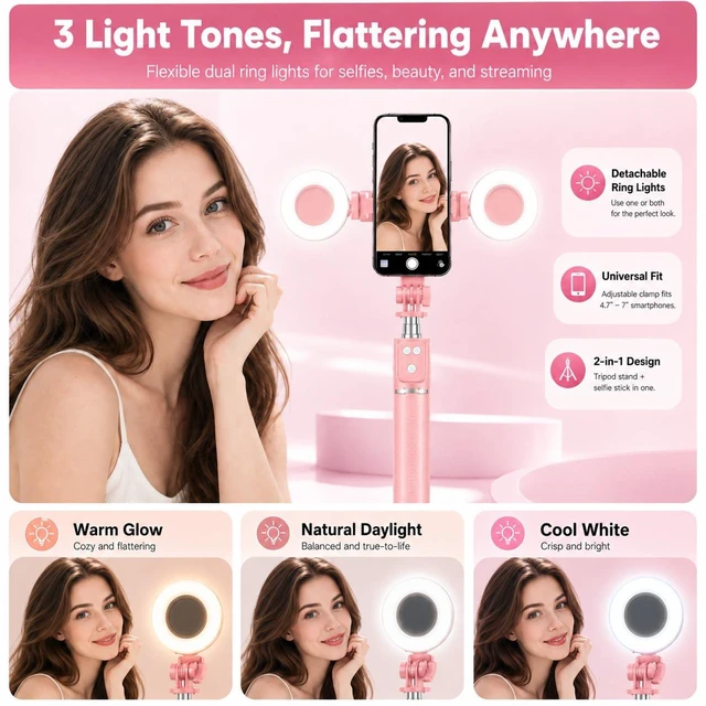 Alt view image 4 of 6 - Tripod for iPhone with Light, Selfie Stick for iPhone, Pink Tripod Stand | Phone Tripod with Light and Bluetooth Remote, Tripod with Ring Light, Phone Stand with Light, Selfie Stick Tripod with Remote