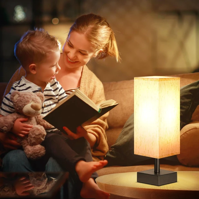 Alt view image 3 of 7 - Small Bedside Table Lamp for Bedroom - Square Cream Fabric Shade | Inline Rocker Switch, Corded Electric, Bulb Not Included, 12.8" Mini Table Lamp for Nightstand, Desk, Dorm, Office