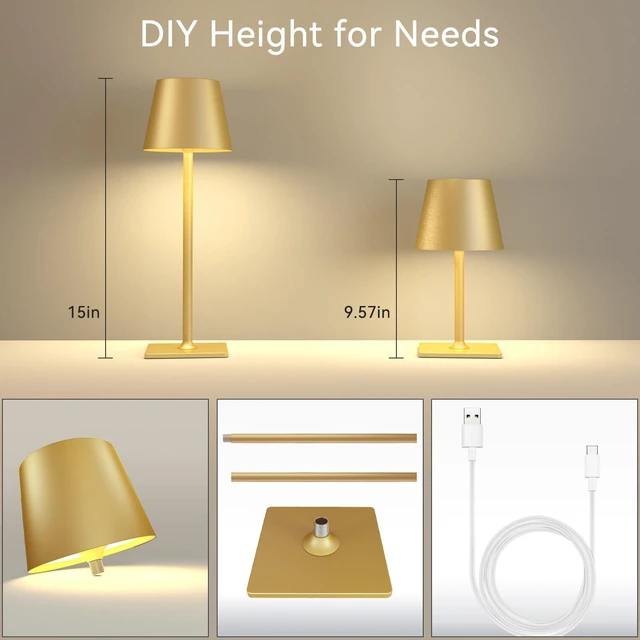 Alt view image 2 of 6 - 4 Pack Gold Rechargeable Led Cordless Table Lamps,Cordless Lamp with 6000mAh Battery Operated,Wireless Lamp for Restaurant Home Dinner Dining Kitchen Outdoor Patio,Waterproof & Portable