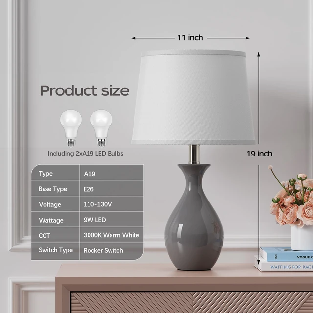 Alt view image 2 of 7 - Table Lamp Set of 2, Modern Ceramic Bedside Lamps for Night Stands, Classic Small Lamp Nightstand Lamp for Bedroom Living Room Desk End Table Rocker Swtich Grey