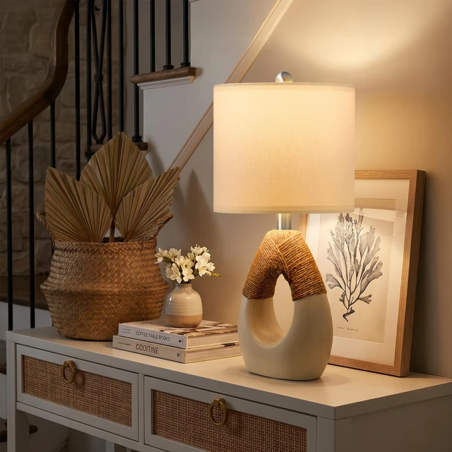 Alt view image 5 of 7 - 19 Boho Table Lamps Bedroom Living Room,Suitable for Small Space,Farmhouse Rattan Lamp Rustic Egg Design Resin Nightstand Bedside Lamps for Bedroom Living Room Office Study Rest Decor