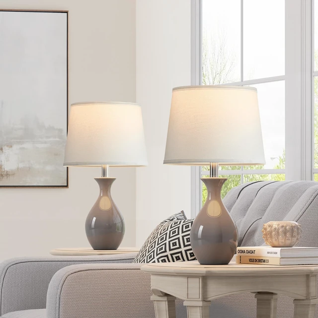 Alt view image 4 of 7 - Table Lamp Set of 2, Modern Ceramic Bedside Lamps for Night Stands, Classic Small Lamp Nightstand Lamp for Bedroom Living Room Desk End Table Rocker Swtich Grey