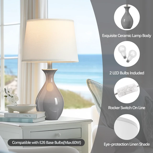Alt view image 3 of 7 - Table Lamp Set of 2, Modern Ceramic Bedside Lamps for Night Stands, Classic Small Lamp Nightstand Lamp for Bedroom Living Room Desk End Table Rocker Swtich Grey