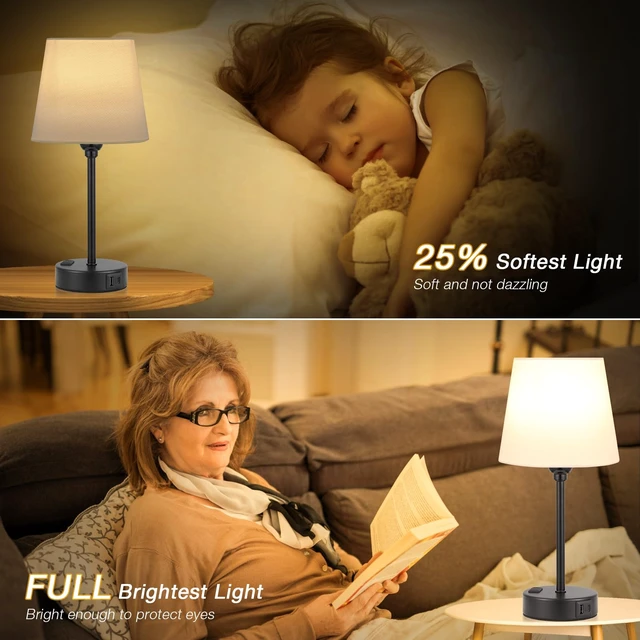 Alt view image 4 of 7 - Bedside Table Lamps Set 2 for Bedroom - Dimmable Touch, USB C+A, AC Outlet 14.5" Mini Lamp, 3-Way Dimmable, LED Bulbs Included, Trapezoid Barrel Fabric Lampshade, Nightstand Light for Guest Room, Kids
