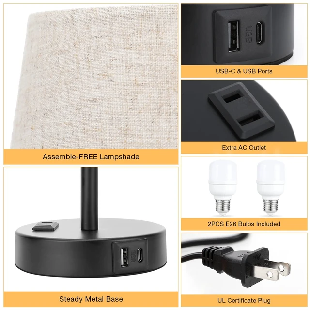 Alt view image 7 of 7 - Bedside Table Lamps Set 2 for Bedroom - Dimmable Touch, USB C+A, AC Outlet 14.5" Mini Lamp, 3-Way Dimmable, LED Bulbs Included, Trapezoid Barrel Fabric Lampshade, Nightstand Light for Guest Room, Kids