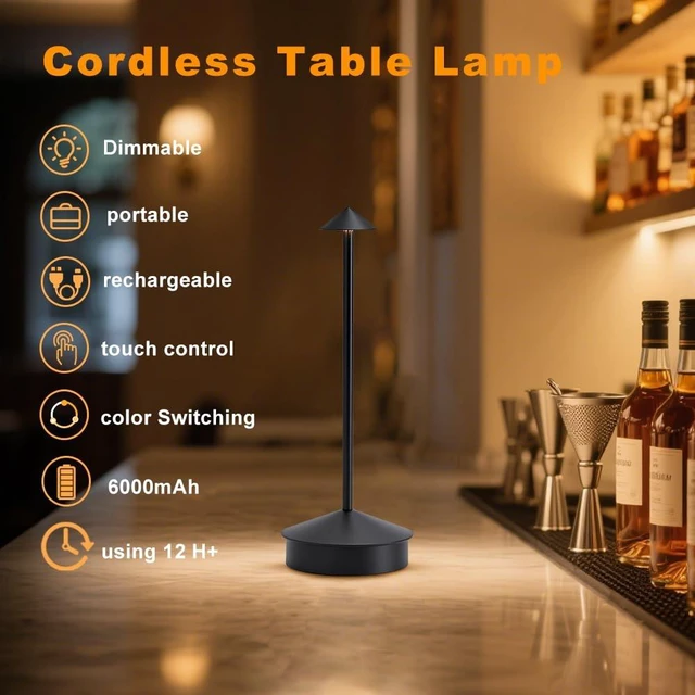 Alt view image 2 of 7 - 2 Pack LED Cordless Table Lamp, Portable 6000mAh Rechargeable, Touch Control Outdoor Table Lamp, 3 Color Dimmable Cordless Table Lamps for Restaurant, Patio, Bedroom, Outdoor - Black