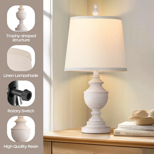 Alt view image 4 of 7 - Retro Table Lamps Set of 2, Bedside Lamp for Bedroom Rustic Farmhouse Table Lamps for Living Room, 22" Vintage Nightstand Lamps with White Shades, White