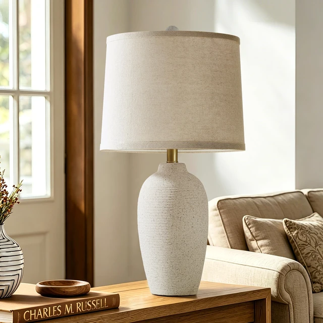 Main image of 25 Modern Farmhouse Traditional Ceramic Table Lamp | Rotary Switch Bedside Lamp with Textured Finish, Rustic Nightstand Lamps for Bedroom End Table, Bulb Included