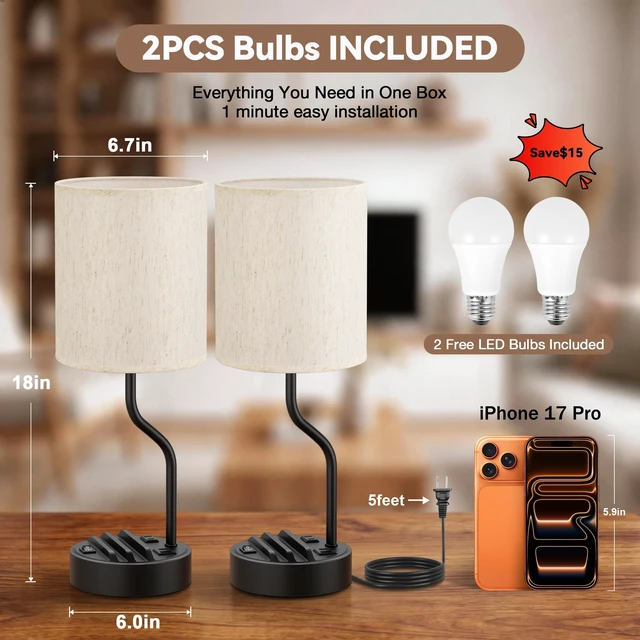 Alt view image 4 of 7 - 18" Bedside Lamps for Bedroom Set of 2 - Table Lamp for Nightstand | USB A+C Ports, AC Outlet, Phone Stand, 3 Color Temperatures, LED Bulb Included, Desk Lamp for Living Room/Dorm