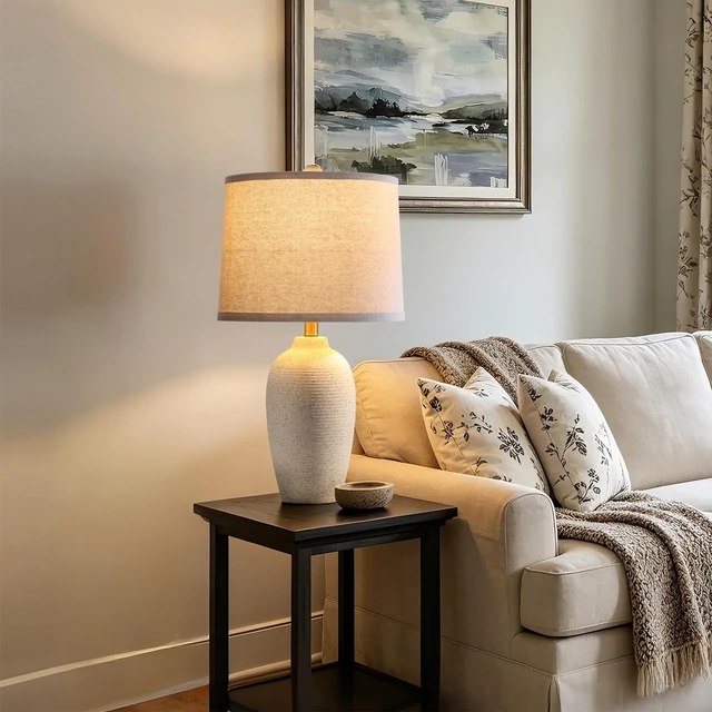 Alt view image 4 of 7 - 25 Modern Farmhouse Traditional Ceramic Table Lamp | Rotary Switch Bedside Lamp with Textured Finish, Rustic Nightstand Lamps for Bedroom End Table, Bulb Included