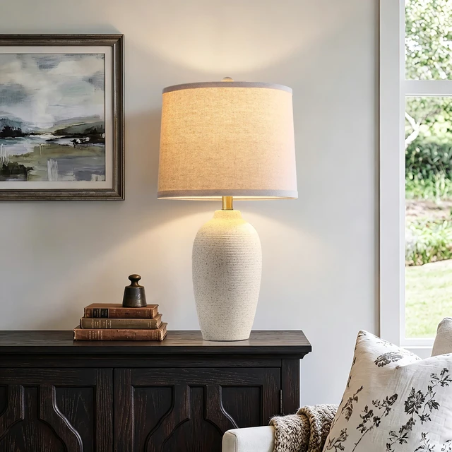Alt view image 5 of 7 - 25 Modern Farmhouse Traditional Ceramic Table Lamp | Rotary Switch Bedside Lamp with Textured Finish, Rustic Nightstand Lamps for Bedroom End Table, Bulb Included