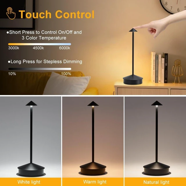 Alt view image 4 of 7 - 2 Pack LED Cordless Table Lamp, Portable 6000mAh Rechargeable, Touch Control Outdoor Table Lamp, 3 Color Dimmable Cordless Table Lamps for Restaurant, Patio, Bedroom, Outdoor - Black
