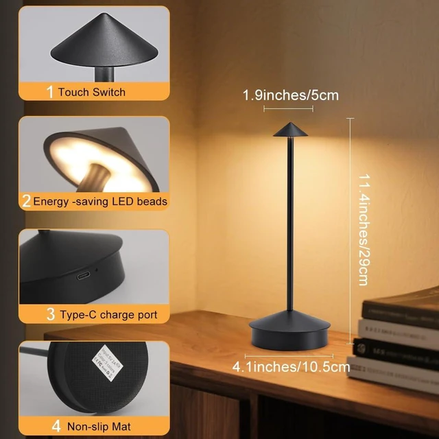 Alt view image 6 of 7 - 2 Pack LED Cordless Table Lamp, Portable 6000mAh Rechargeable, Touch Control Outdoor Table Lamp, 3 Color Dimmable Cordless Table Lamps for Restaurant, Patio, Bedroom, Outdoor - Black