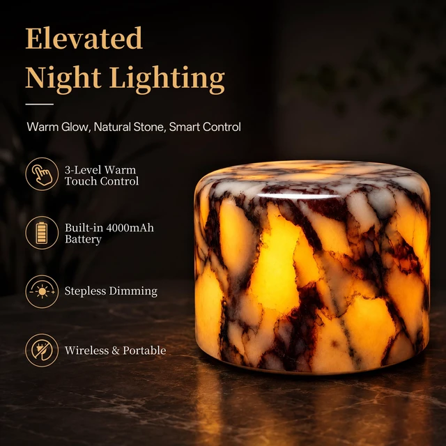 Alt view image 3 of 7 - Natural Marble Cordless Touch Dimmable Table Lamp Night Light | 4000mAh Battery, 3-level Dimmable 3000K Warm Light, Unique Marble Lamp For Bedroom, Dining, Patio & Home Decor Gift