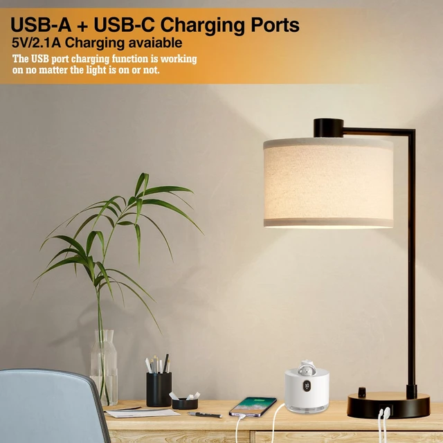 Alt view image 2 of 7 - Table Lamp for Bedroom Set of 2 with USB C+A Ports, Fully Stepless Dimmable Bedside Lamp with Linen Lampshade, Contemporary Lamp for Living Room Reading Office, 2 LED Bulbs Included (Black)