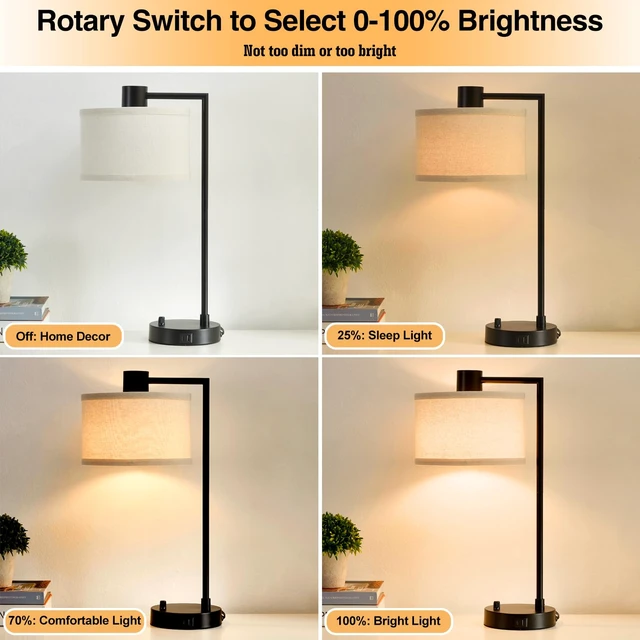 Alt view image 3 of 7 - Table Lamp for Bedroom Set of 2 with USB C+A Ports, Fully Stepless Dimmable Bedside Lamp with Linen Lampshade, Contemporary Lamp for Living Room Reading Office, 2 LED Bulbs Included (Black)