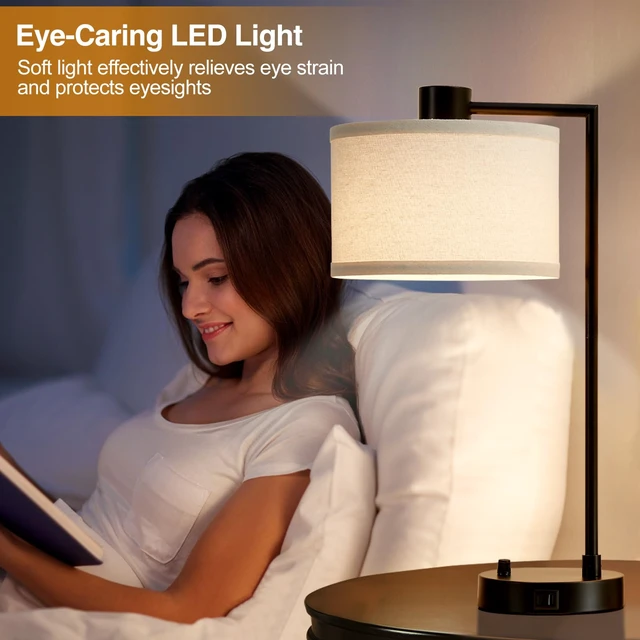 Alt view image 4 of 7 - Table Lamp for Bedroom Set of 2 with USB C+A Ports, Fully Stepless Dimmable Bedside Lamp with Linen Lampshade, Contemporary Lamp for Living Room Reading Office, 2 LED Bulbs Included (Black)