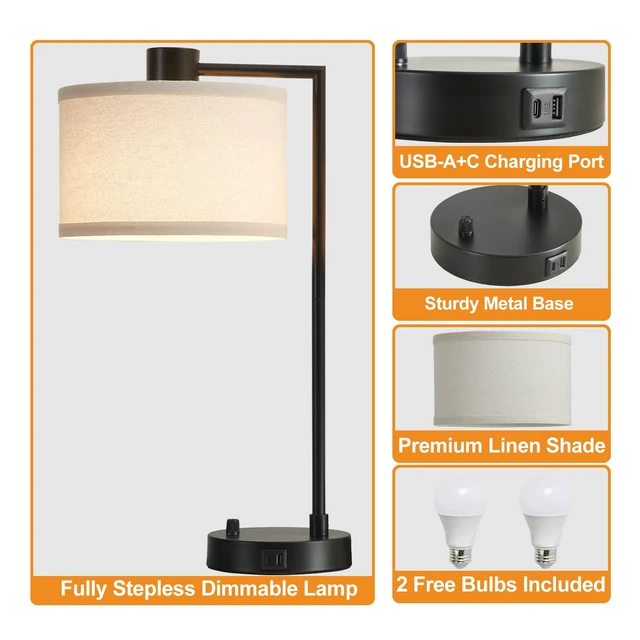 Alt view image 5 of 7 - Table Lamp for Bedroom Set of 2 with USB C+A Ports, Fully Stepless Dimmable Bedside Lamp with Linen Lampshade, Contemporary Lamp for Living Room Reading Office, 2 LED Bulbs Included (Black)
