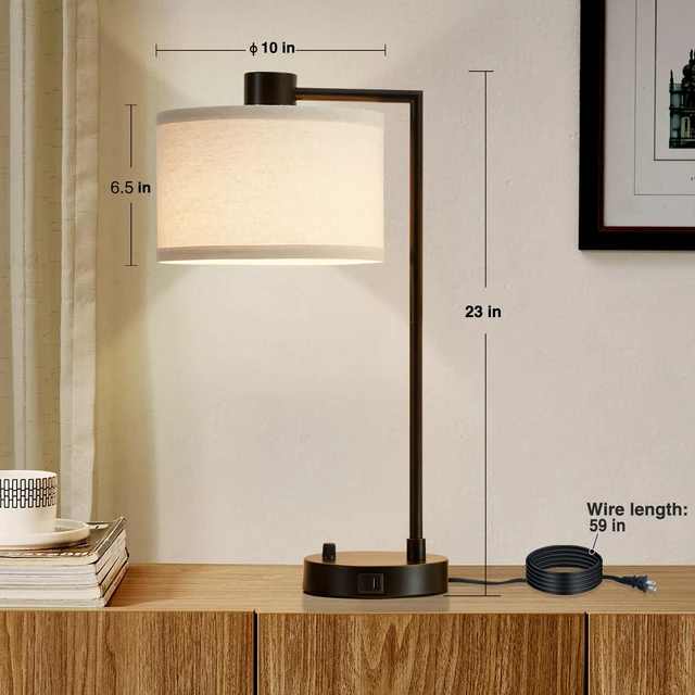 Alt view image 7 of 7 - Table Lamp for Bedroom Set of 2 with USB C+A Ports, Fully Stepless Dimmable Bedside Lamp with Linen Lampshade, Contemporary Lamp for Living Room Reading Office, 2 LED Bulbs Included (Black)