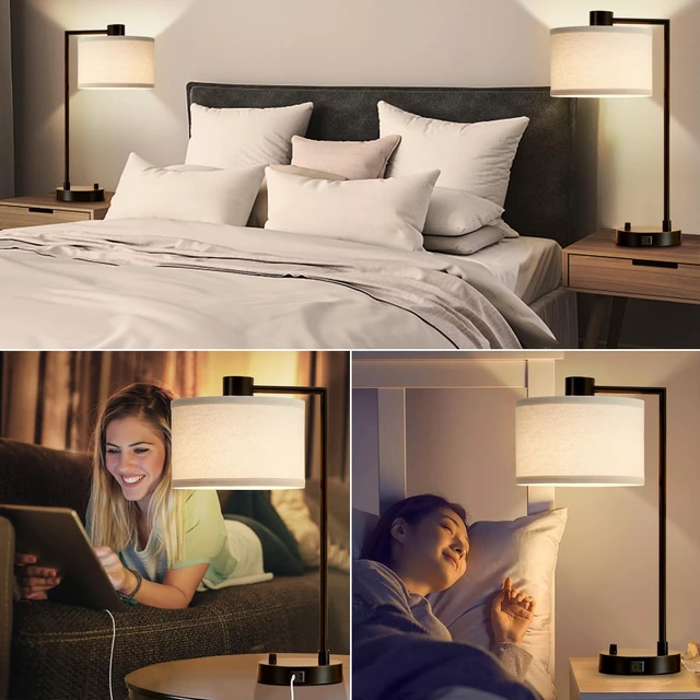 Alt view image 6 of 7 - Table Lamp for Bedroom Set of 2 with USB C+A Ports, Fully Stepless Dimmable Bedside Lamp with Linen Lampshade, Contemporary Lamp for Living Room Reading Office, 2 LED Bulbs Included (Black)