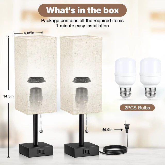 Alt view image 7 of 7 - Bedside Lamp for Bedroom Set of 2 - Small Table Lamp for Nightstand | AC Outlet, 3 Color Temperatures, LED Bulb Included, Pull Chain Design, 14" Rectangular Desk Lamp for Dorm/Office, 2-Pack
