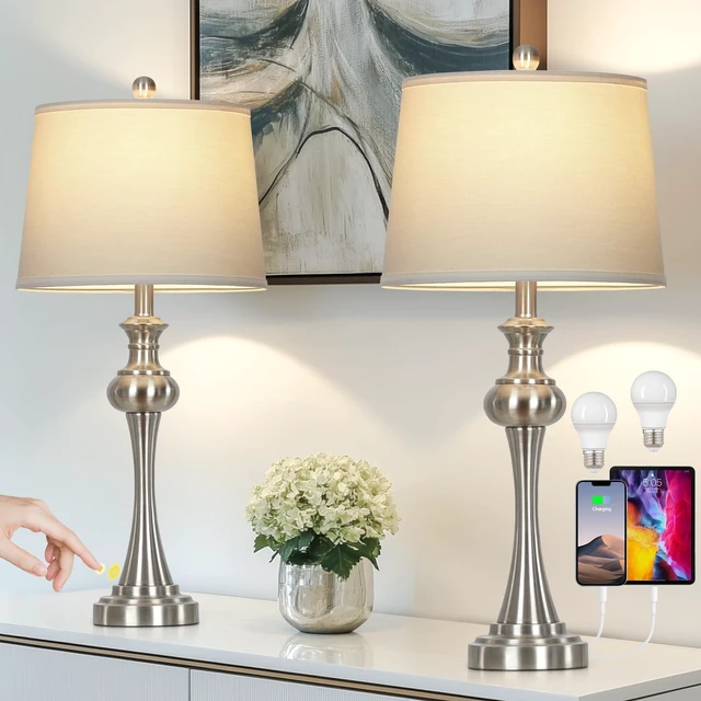 Main image of Silver Table Lamps Set of 2, 29" Bedside Lamps with USB C+A | 3 Way Dimmable, Touch Nightstand Lamp for Beroom, Living Room, End Table ,2 LED Bulbs Included