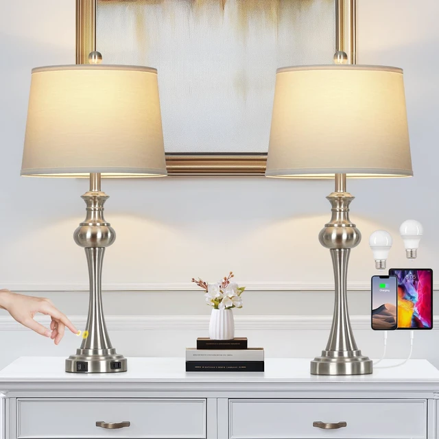 Alt view image 2 of 7 - Silver Table Lamps Set of 2, 29" Bedside Lamps with USB C+A | 3 Way Dimmable, Touch Nightstand Lamp for Beroom, Living Room, End Table ,2 LED Bulbs Included