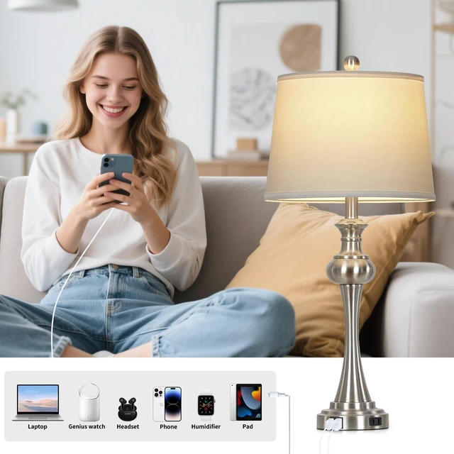 Alt view image 5 of 7 - Silver Table Lamps Set of 2, 29" Bedside Lamps with USB C+A | 3 Way Dimmable, Touch Nightstand Lamp for Beroom, Living Room, End Table ,2 LED Bulbs Included