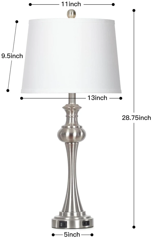 Alt view image 7 of 7 - Silver Table Lamps Set of 2, 29" Bedside Lamps with USB C+A | 3 Way Dimmable, Touch Nightstand Lamp for Beroom, Living Room, End Table ,2 LED Bulbs Included