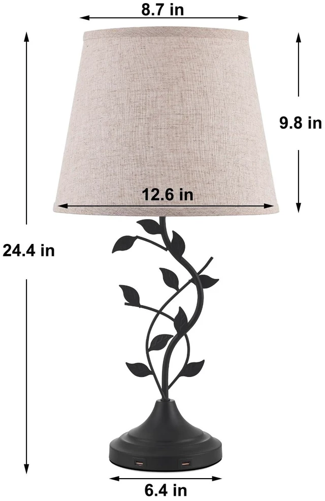Alt view image 6 of 7 - Table Lamp for Living Room, Bedside Lamp for Bedroom, Rustic Lamp | Knob Switch, USB C+A Charging Ports, Corded, Traditional Rustic Leaf Lamp for Livingroom, Bedside, Bedroom, Nightstand