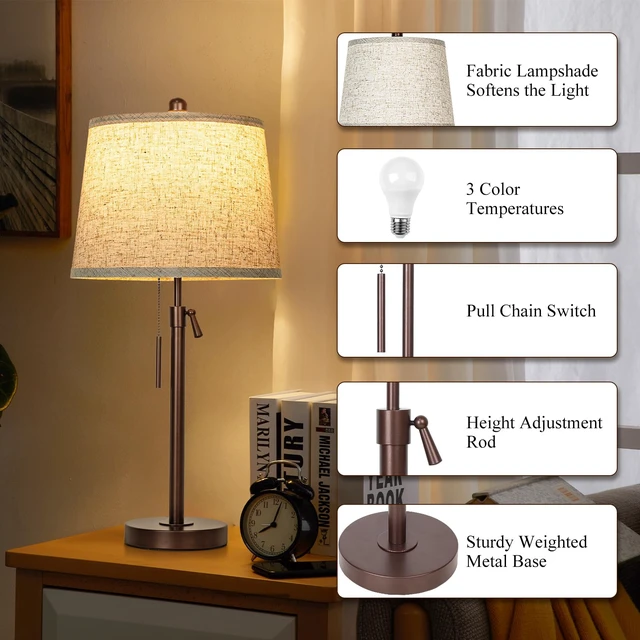 Alt view image 4 of 7 - Table Lamps Set of 2, 22" to 30"Adjustable Height Bedside Lamps for Living Room 3 Color Temperatures Tall Nightstand Lamps Modern Brown Table Lamp for Bedroom Office End Table (Bulbs Included)